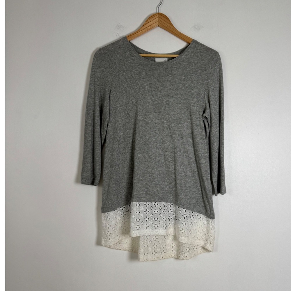 Cottagecore J. Jill Womens Small Tunic Top Grey White Eyelet Lace Hem 3/4 Sleeve